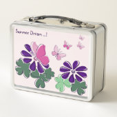 かわいいピンクの蝶グリーンパープルフラワードードル メタルランチボックス (裏面)