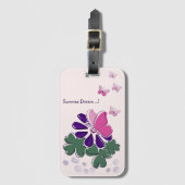 かわいいピンクの蝶グリーンパープルフラワードードル ラゲッジタグ (正面縦)