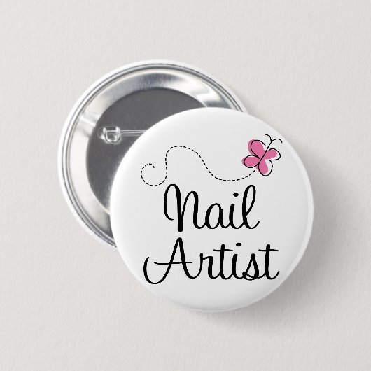 かわいいピンクの蝶ネイルアーティスト 缶バッジ (正面&裏面)