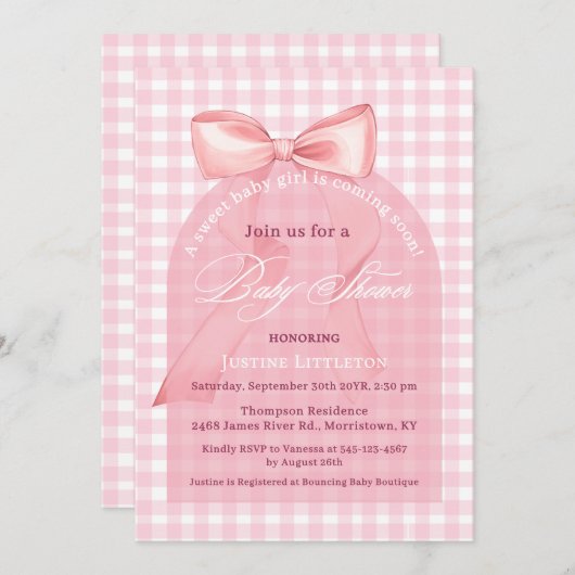 かわいいピンクの蝶ネクタイとギンガムの女の子のベビーシャワー 招待状 (正面/裏面)