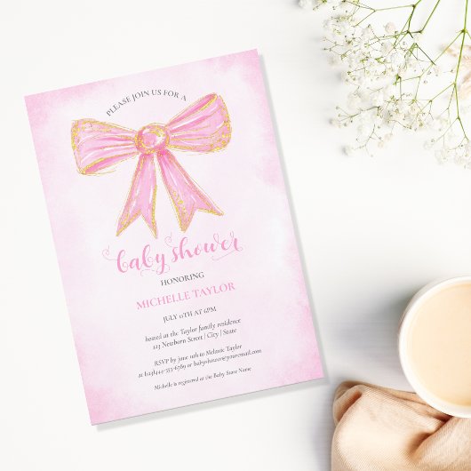 かわいいピンクの蝶ネクタイ ゴールドグリッター 赤ちゃんの女の子 招待状