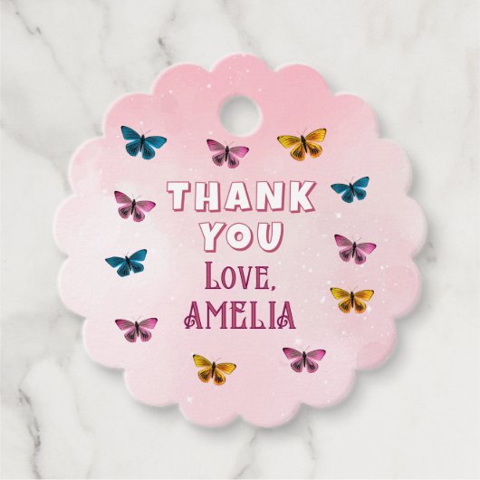 かわいいピンクの蝶パターンありがとう誕生日 フェイバータグ (正面)