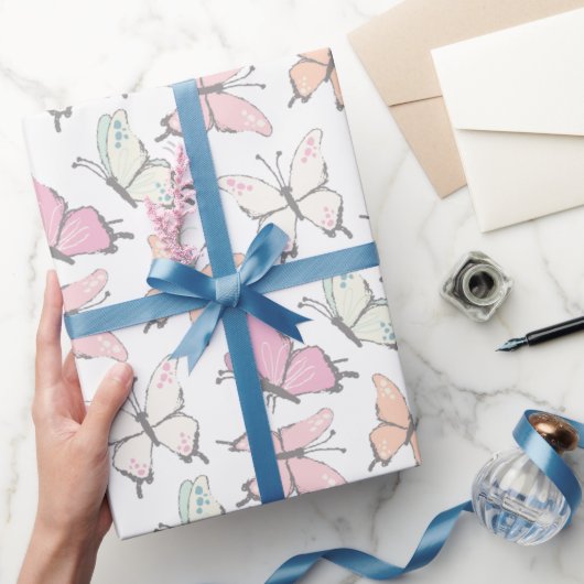 かわいいピンクの蝶パターン ラッピングペーパー (ギフト)