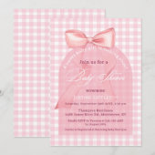 かわいいピンクの蝶結びとギンガムの女の子のベビーシャワー 招待状 (正面/裏面)