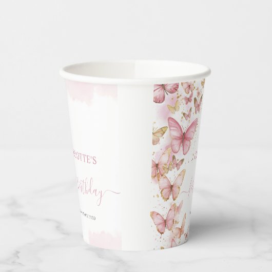 かわいいピンクの蝶 1歳 2歳 スウィート16 誕生日 紙コップ (左)