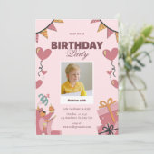 かわいいピンクの誕生日パーティーの招待状 招待状 (スタンド正面)
