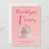 かわいいピンクの誕生日パーティー招待状ケーキと花 招待状 (正面)