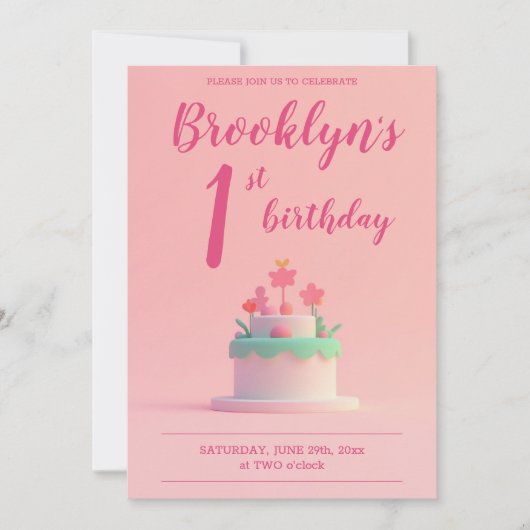 かわいいピンクの誕生日パーティー招待状ケーキと花 招待状 (正面)