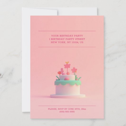 かわいいピンクの誕生日パーティー招待状ケーキと花 招待状 (裏面)