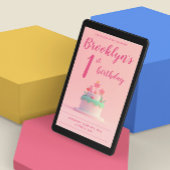 かわいいピンクの誕生日パーティー招待状ケーキと花 招待状