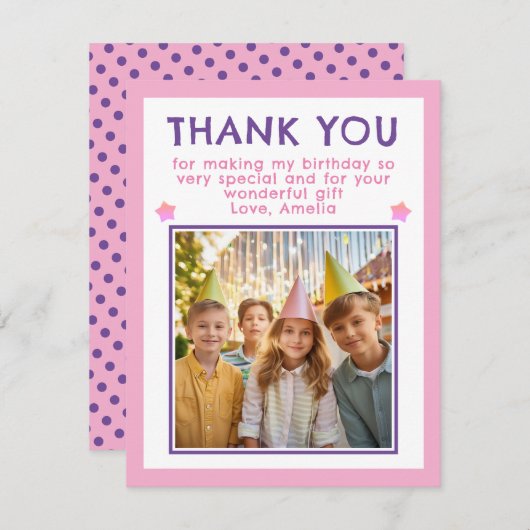 かわいいピンクの誕生日写真 サンキューカード (正面/裏面)