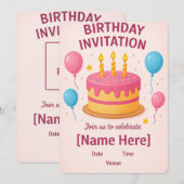 かわいいピンクの誕生日招待状カード| 招待状 (正面/裏面)