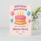 かわいいピンクの誕生日招待状カード| 招待状 (スタンド正面)