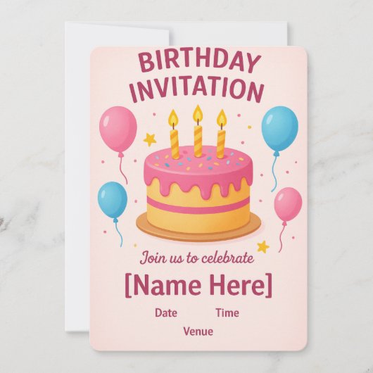 かわいいピンクの誕生日招待状カード| 招待状 (正面)