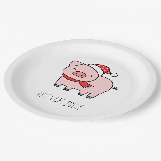 かわいいピンクの豚がミニマルなすてきクリスマスを手に ペーパープレート (アングル)