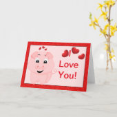 かわいいピンクの豚とハートが大好き カード (黄色い花)
