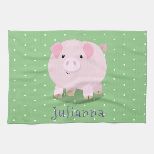 かわいいピンクの豚のイラスト キッチンタオル (横)