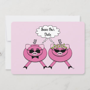 かわいいピンクの豚のカップル Save the Date|裏面写真 招待状