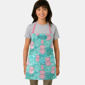 かわいいピンクの豚のティール(緑がかった色)水彩模様名 エプロン (インサイチュ)