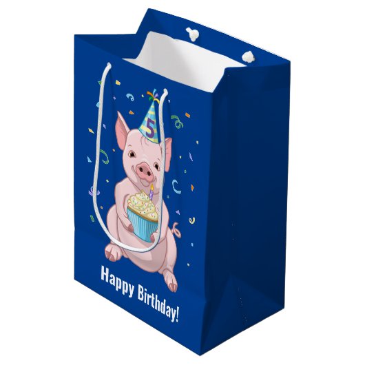 かわいいピンクの豚の子供の誕生日パーティー動物ケーキハット ミディアムペーパーバッグ (正面アングル)