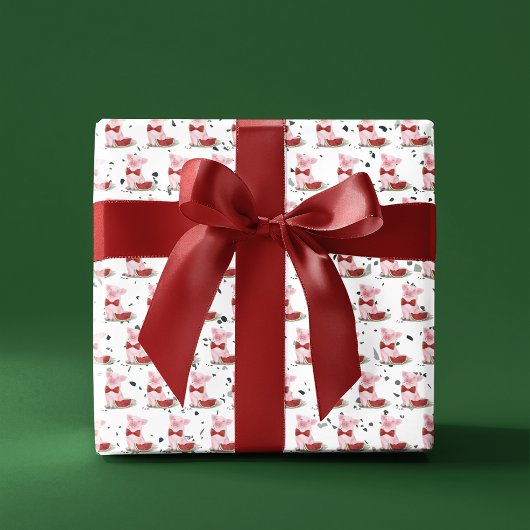 かわいいピンクの豚の蝶ネクタイのワインメロン柄テラッツォ ラッピングペーパー