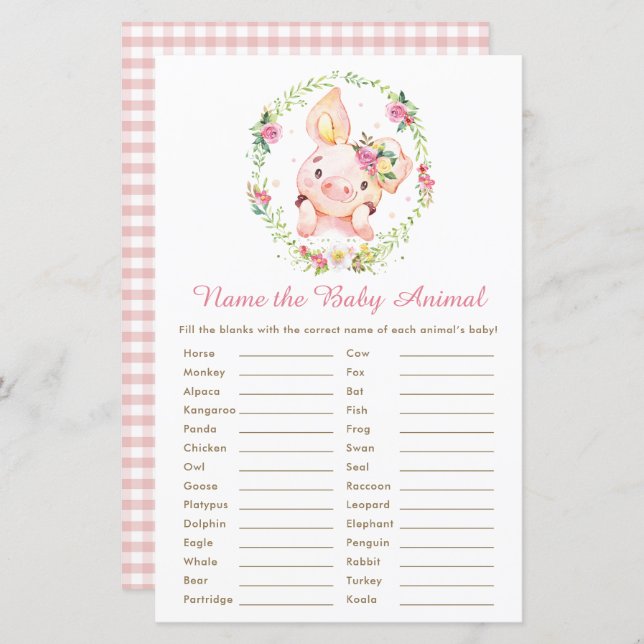 かわいいピンクの豚ピグレット名ベビーアニマルゲーム (正面/裏面)