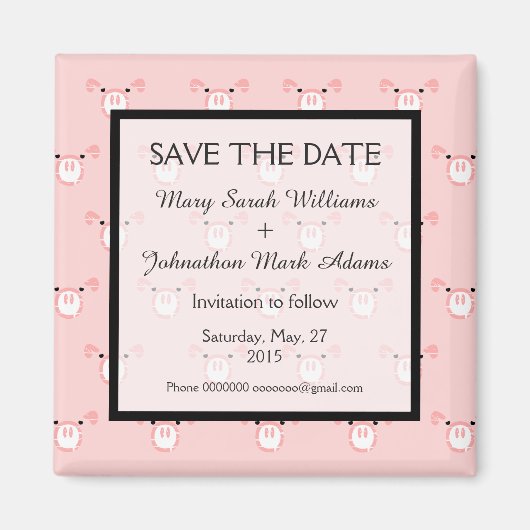 かわいいピンクの豚顔おもしろい結婚式の日付を保存 マグネット (正面)