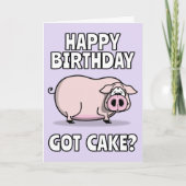 かわいいピンクの豚。ケーキ得ー？おいしい誕生日 カード (正面)