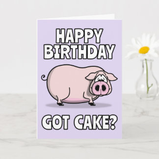 かわいいピンクの豚。ケーキ得ー？おいしい誕生日 カード