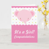 かわいいピンクの象が女の子のお祝いカード カード (黄色い花)