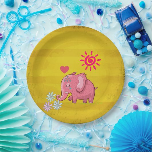 かわいいピンクの象が花の香りをハート ペーパープレート (パーティー)