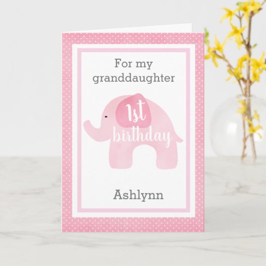 かわいいピンクの象が1歳の誕生日の孫娘 カード (黄色い花)