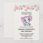 かわいいピンクの象とバラのフレームの誕生日招待状 招待状 (正面/裏面)