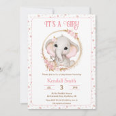 かわいいピンクの象と花ベビーシャワー 招待状 (正面)