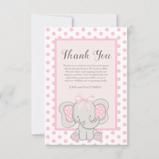 かわいいピンクの象の水玉模様ベビーガールシャワー サンキューカード (正面)
