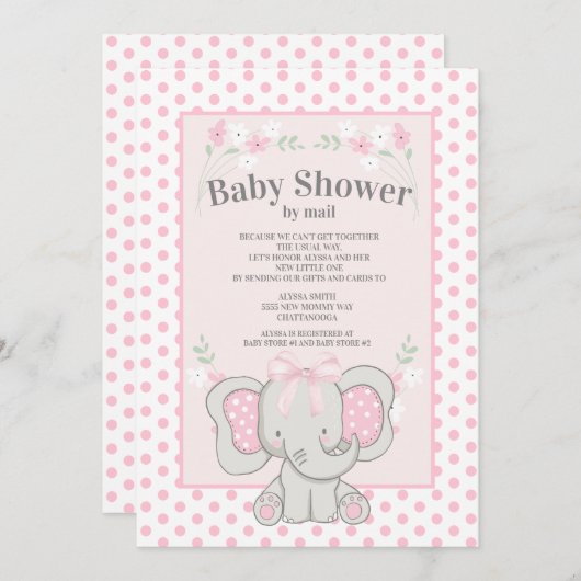 かわいいピンクの象の水玉模様ベビーシャワー（郵便） 招待状 (正面/裏面)