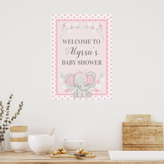 かわいいピンクの象の水玉模様花赤ちゃんシャワー ポスター (キッチン)