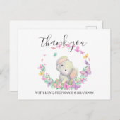 かわいいピンクの象の蝶サンキューカード ポストカード (正面/裏面)