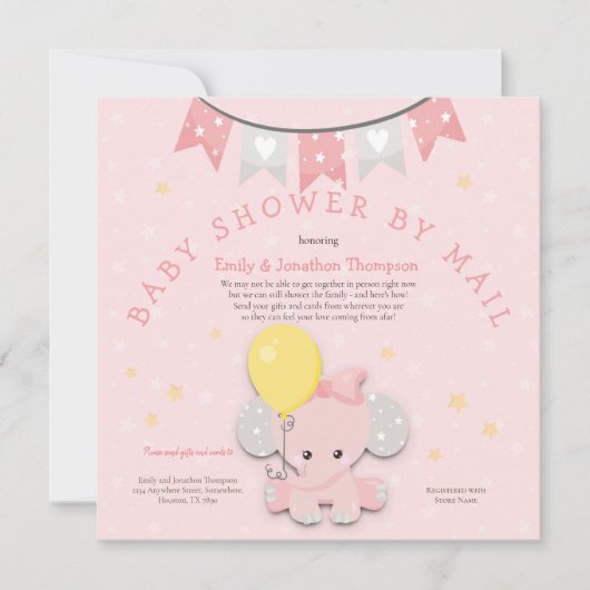 かわいいピンクの象の赤ちゃんシャワーbyメール 招待状 (正面)