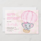 かわいいピンクの象バルーン1歳の誕生日 招待状 (正面)
