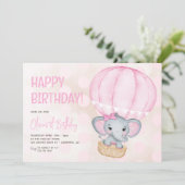 かわいいピンクの象バルーン1歳の誕生日 招待状 (スタンド正面)