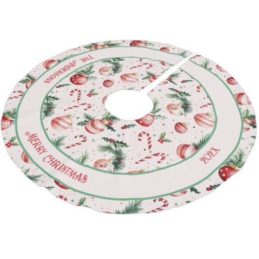 かわいいピンクの赤いクリスマス ブラッシュドポリエステルツリースカート (アングル)