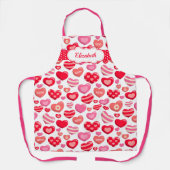 かわいいピンクの赤いハート模様 エプロン (正面)