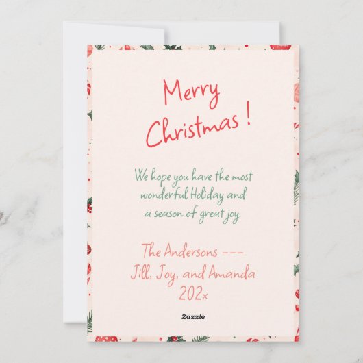 かわいいピンクの赤い写真クリスマスカード シーズンカード (裏面)