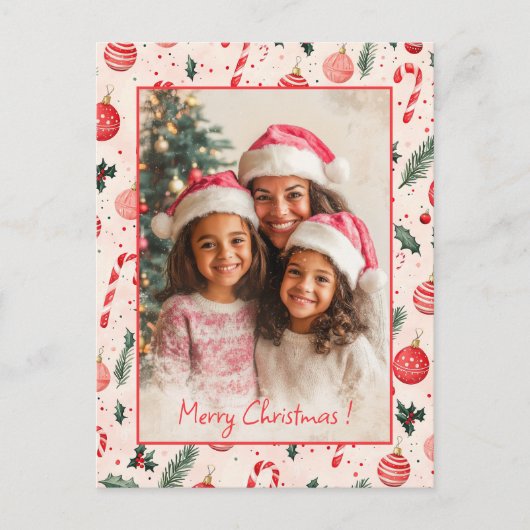 かわいいピンクの赤い写真クリスマスポストカード シーズンポストカード (正面)