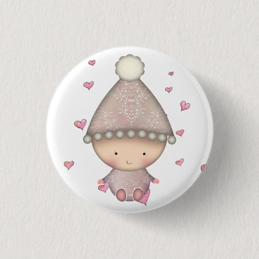 かわいいピンクの赤ちゃんのボタン 缶バッジ (正面)