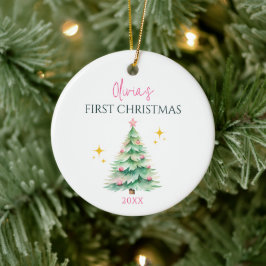 かわいいピンクの赤ちゃんの女の子の1stクリスマスツリーの名入れ セラミックオーナメント
