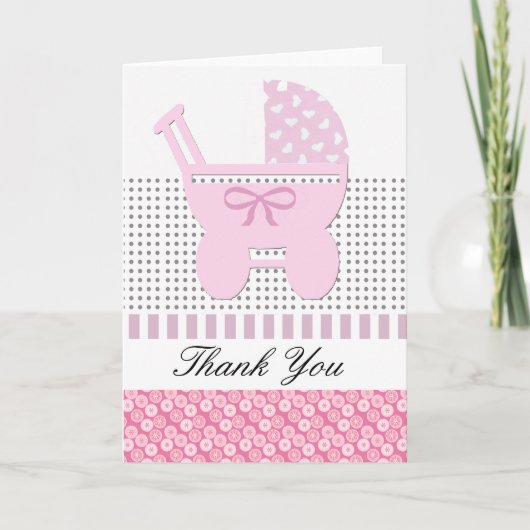 かわいいピンクの赤ちゃんの女の子 ヴィンテージのベビーカー ありがとう サンキューカード (正面)