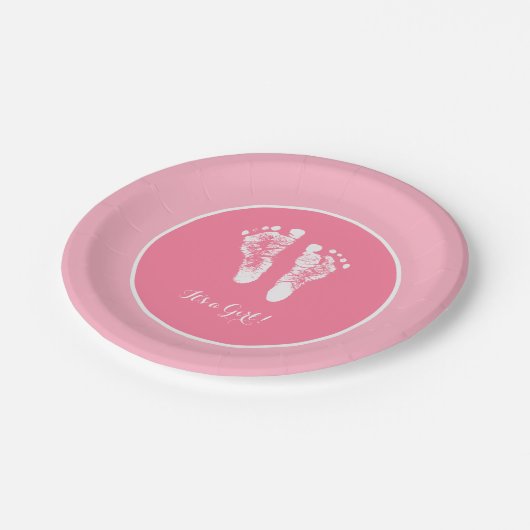 かわいいピンクの赤ちゃんシャワー女の生まれたばかりの子の足跡 ペーパープレート (アングル)
