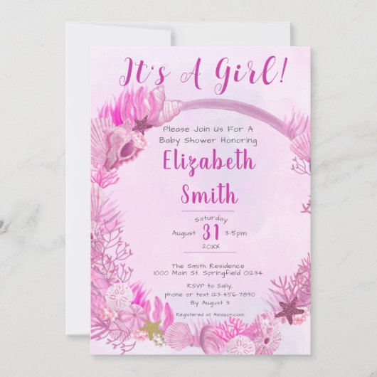 かわいいピンクの赤ちゃんシャワー海の下の女の子 招待状 (正面)